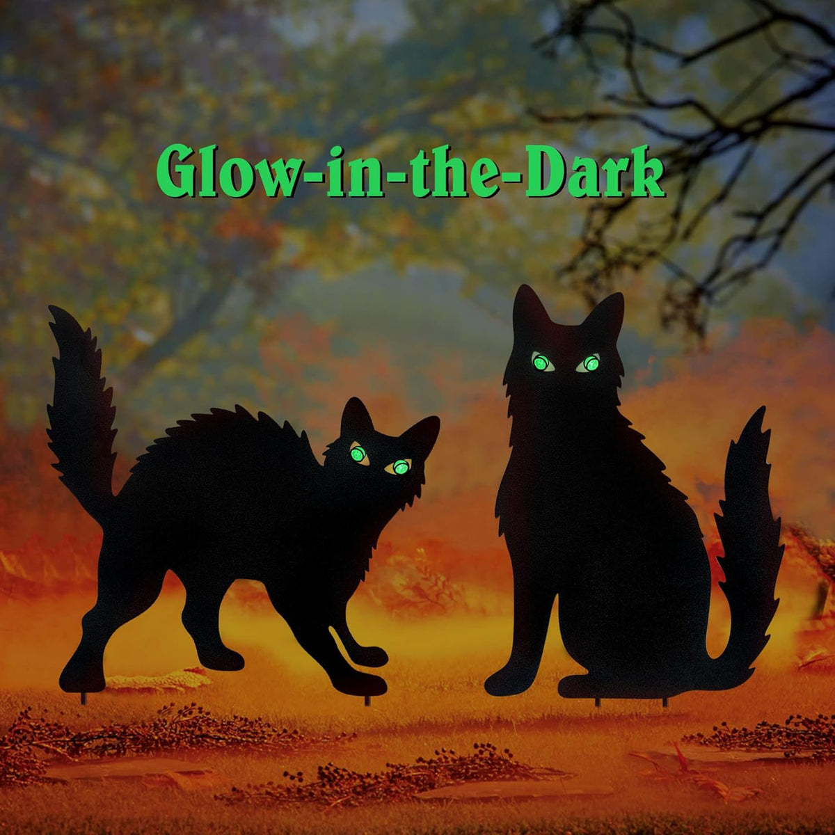 WAIU Halloween Metal Cat Yard Stakes Glow in The Dark Black Cat Silhouette Outdoor Decor for Garden