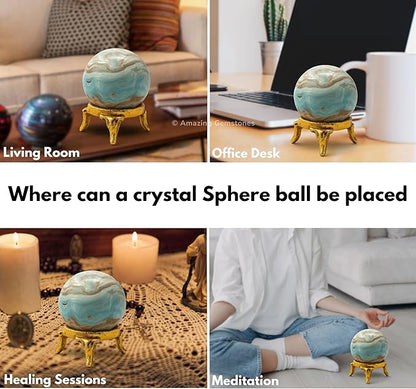 Amazing Gemstone Caribbean Calcite Crystal Ball with Stand - 2" Inches Crystal Sphere Meditation