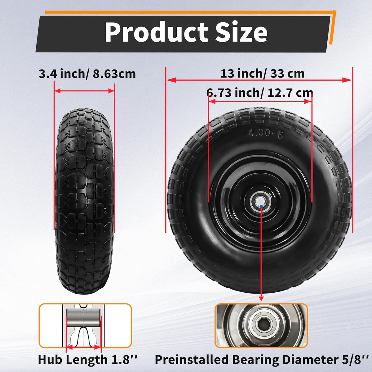 2PC 4.00-6 Flat-Free Tires and Wheels,13" Rubber Solid Tire, with 5/8" & 3/4" Bearing, 1.8"-5.8"