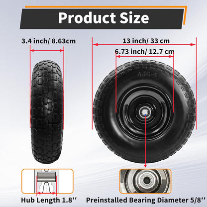 2PC 4.00-6 Flat-Free Tires and Wheels,13" Rubber Solid Tire, with 5/8" & 3/4" Bearing, 1.8"-5.8"