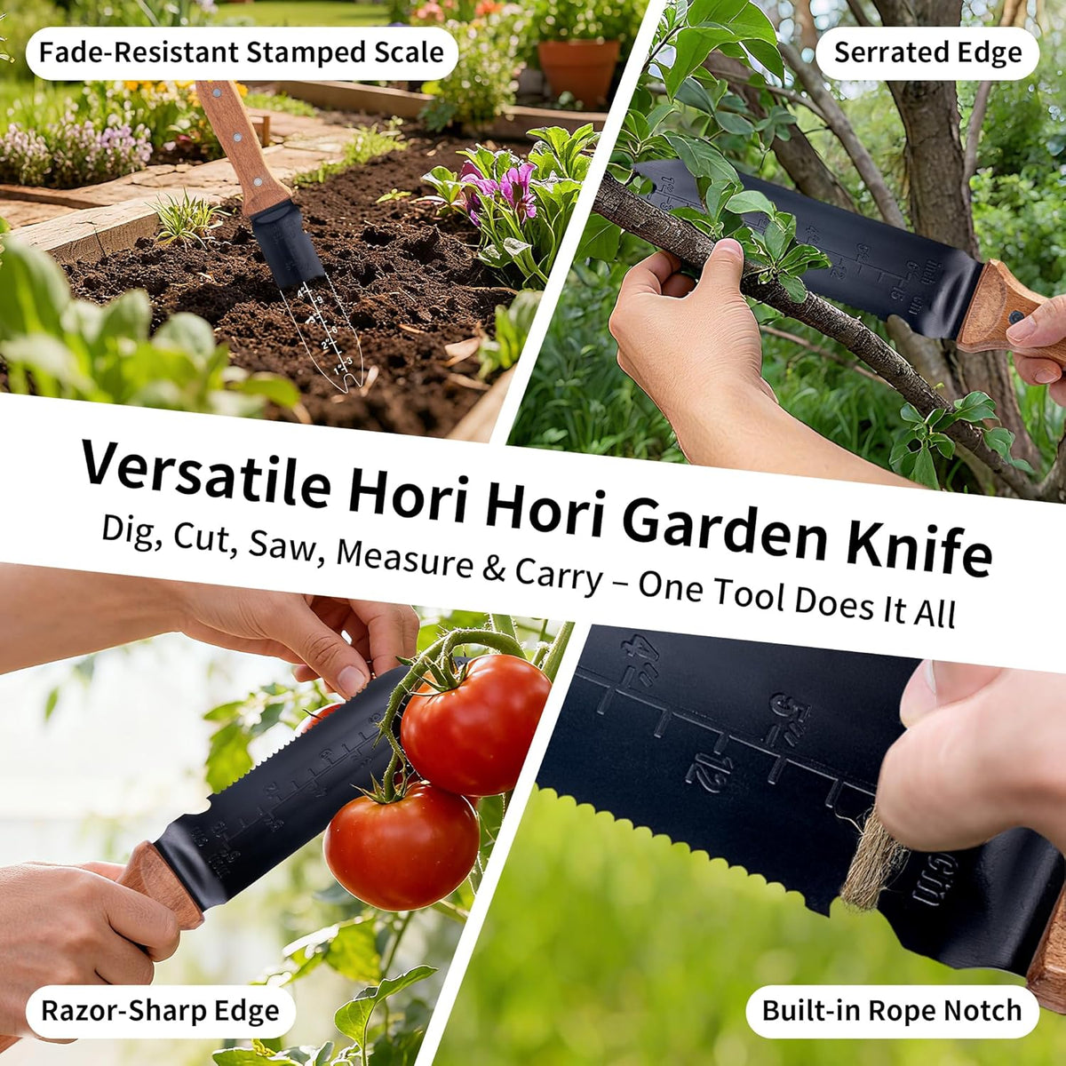 YANG Hori Hori Garden Knife, 7" Stainless Steel Gardening Knife with Oxford Cloth Sheath, Full Tang