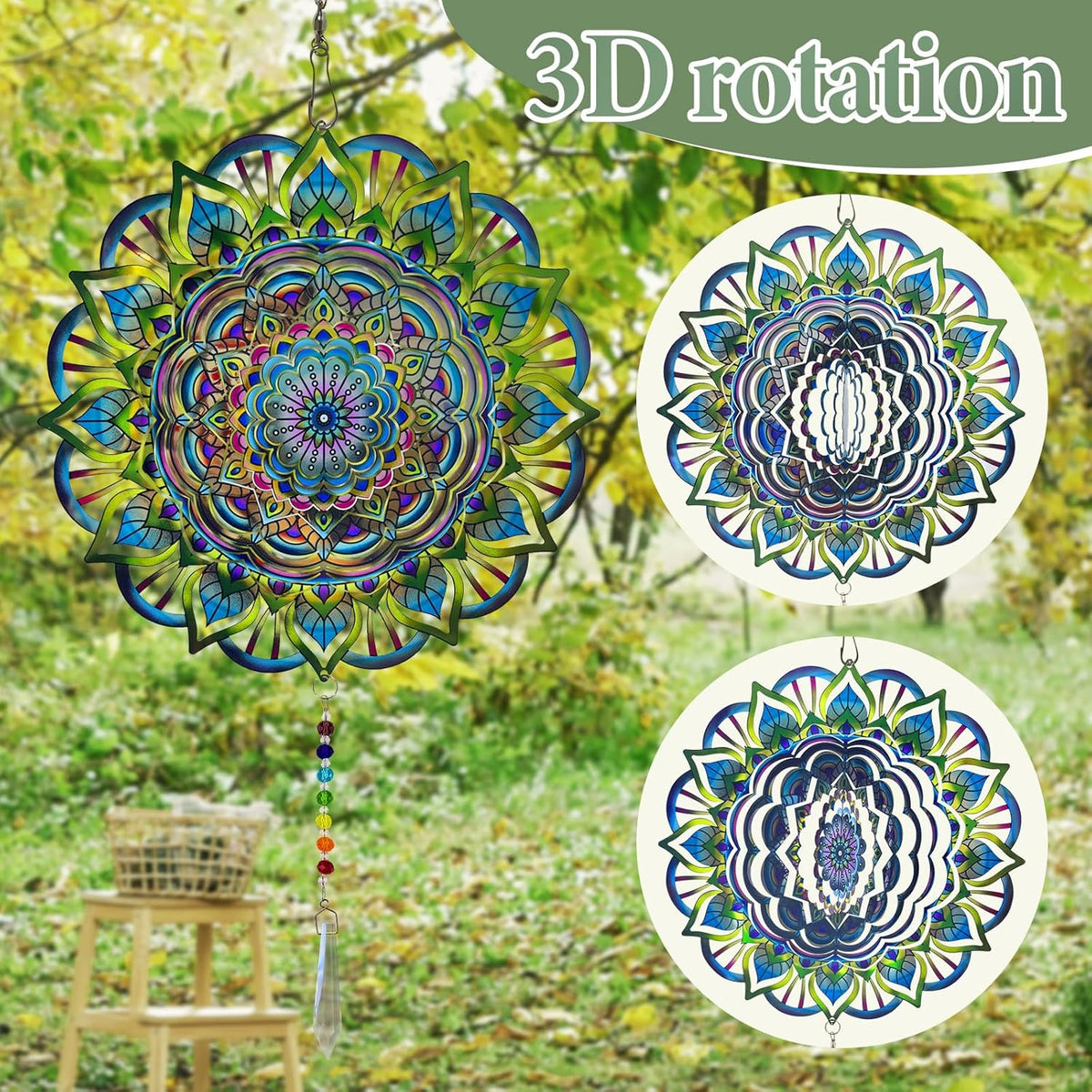 Mandala Wind Spinners Outdoor with Gazing Ball Spiral Tail, Marzovitra Stainless Steel 3D Kinetic