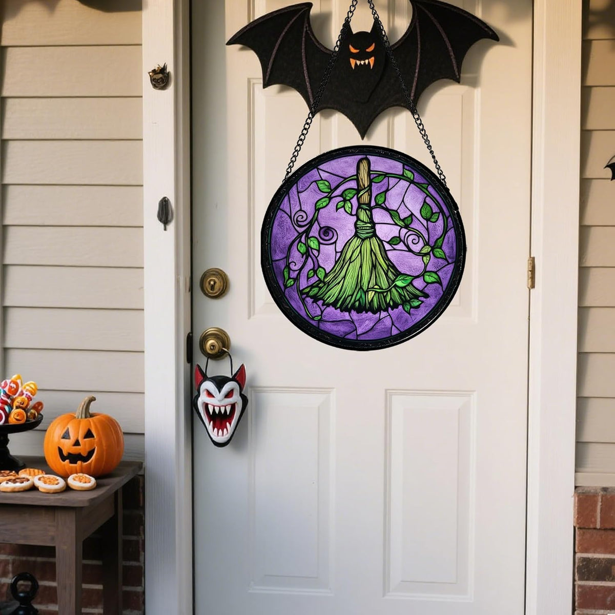 Stained Glass Window Hanging - Halloween Decorations Witch Magic Broom Suncatcher for Doors Garden