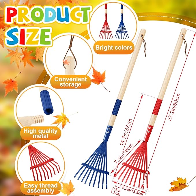 Suclain 2 Pcs Kids Rake with Hardwood Handle Small Child Size Multicolor 28'' Mini Rake for Leaves