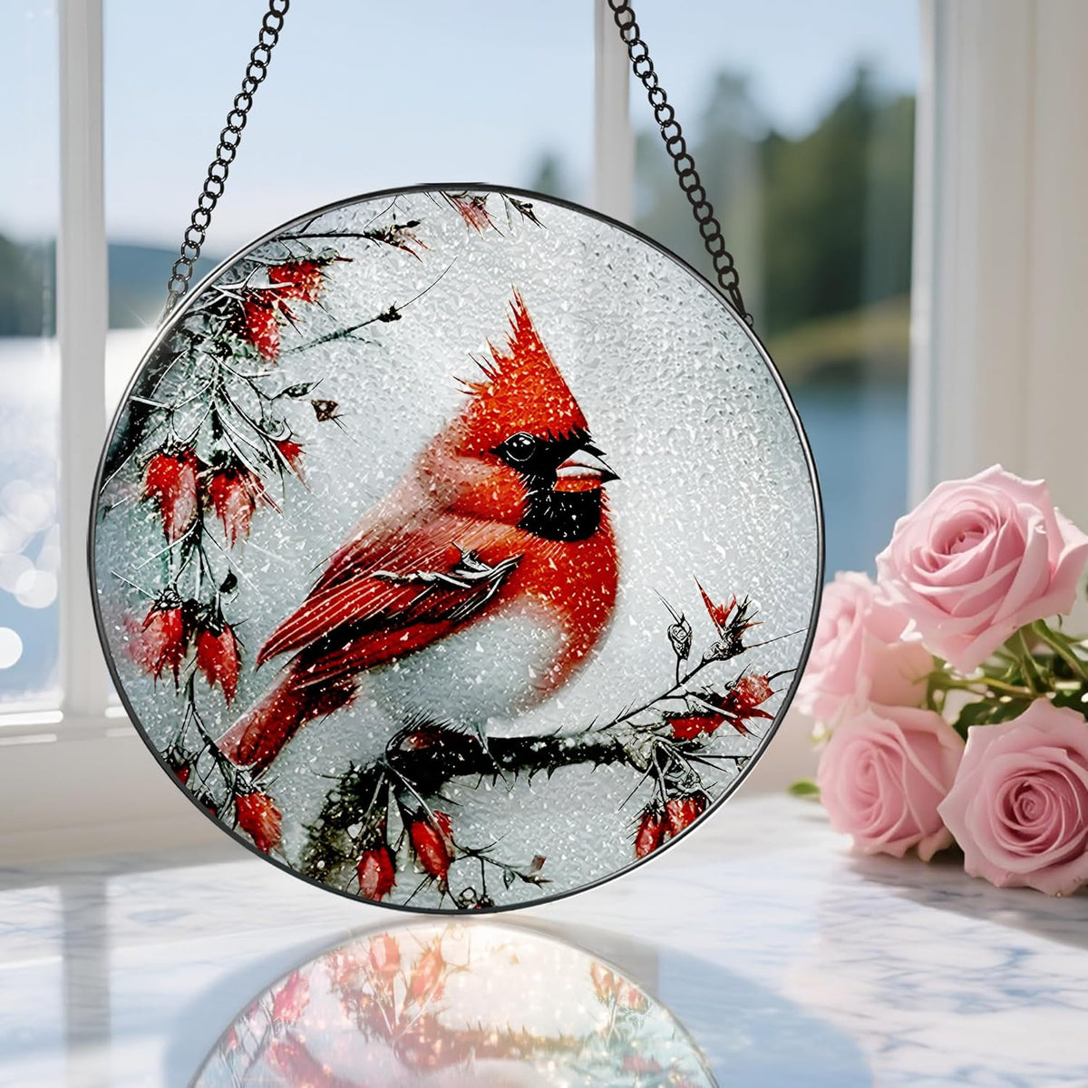 Stained Glass Window Hanging, DOUHASU 8 Inch Cardinal Stained Glass Suncatcher Ornement, Window