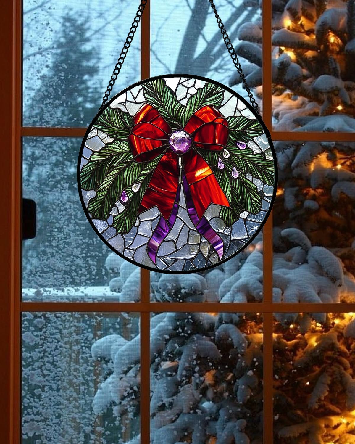 Stained Glass Window Hanging - Purple Gem Christmas Wreath Suncatcher for Doors Home Christmas