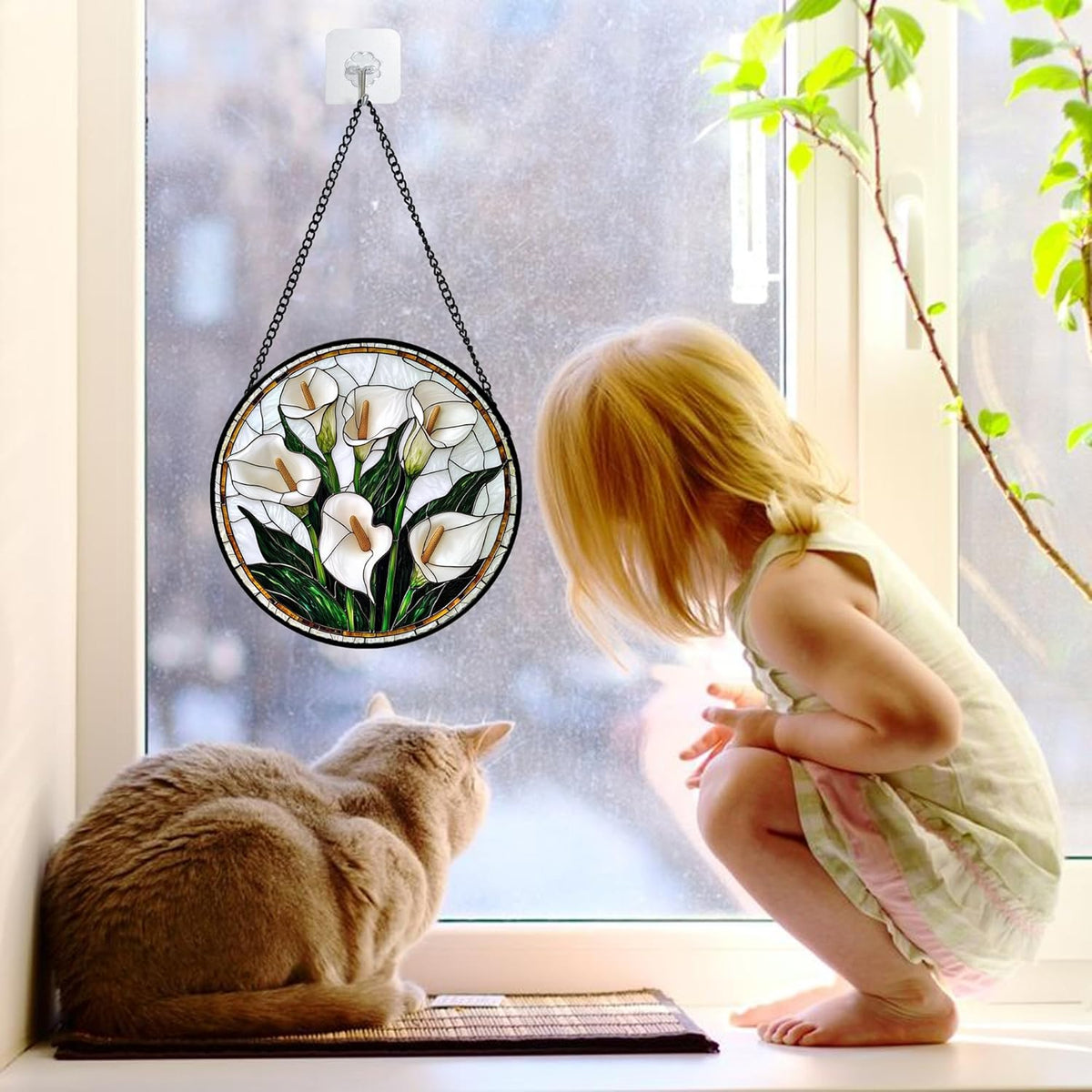 Stained Glass Window Hanging, White Calla Lily Flowers Sun Catchers Glass Panel Plant Suncatcher