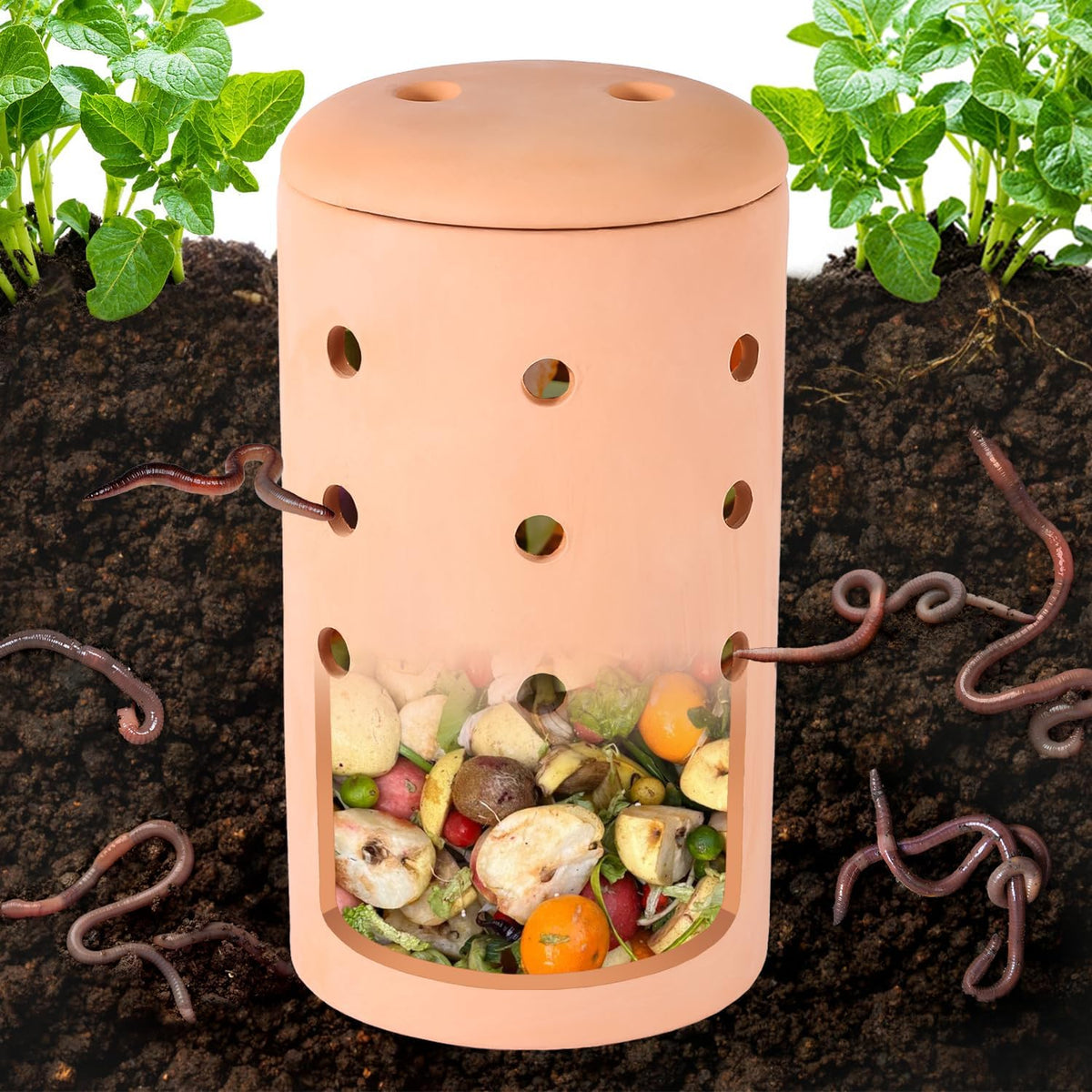 Underground Compost Bin 11Inch Garden Worm Farm Outdoor for Organic Refuse Red Pottery Ceramics