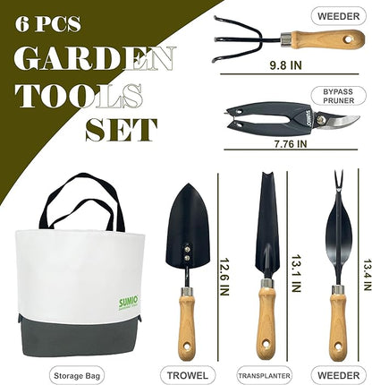 SUMIO 6-Piece Gardening Hand Tool Set – Includes Trowel, Transplanter, Cultivator, Lever Weeder