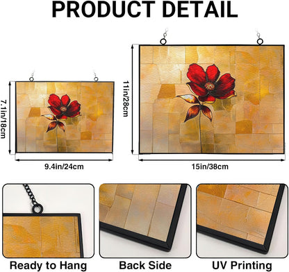Personalized Rectangle Red Flower Stained Glass Window Hangings Stained Glass Suncatcher Birthday