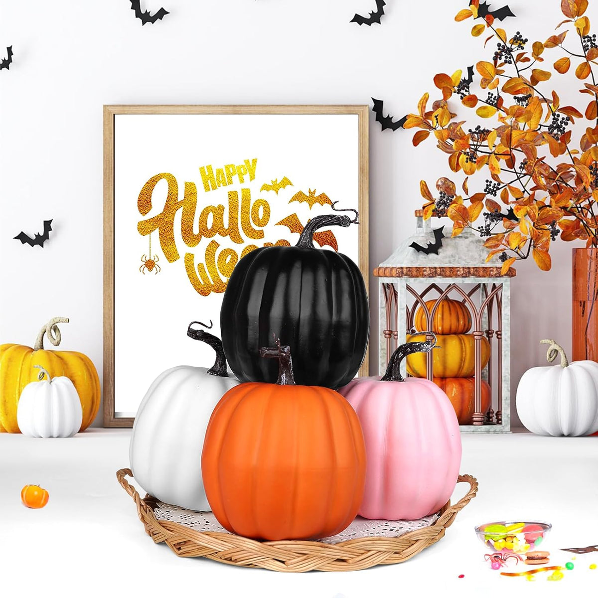 Artmag 6 Inch Large Artificial Pumpkins, 4PCS Big Colorful Pumpkins Faux Foam Harvest Pumpkins for