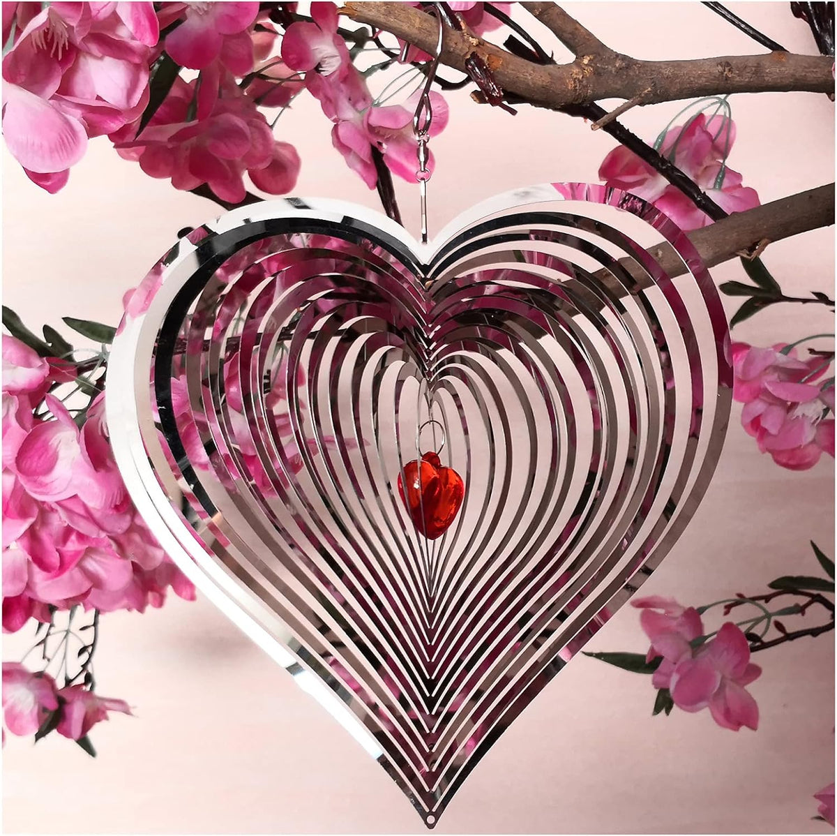 DJUAN Wind Spinner Outdoor Metal Decorations,3D Red Heart Wind Spinners for Yard and Garden, Mirror