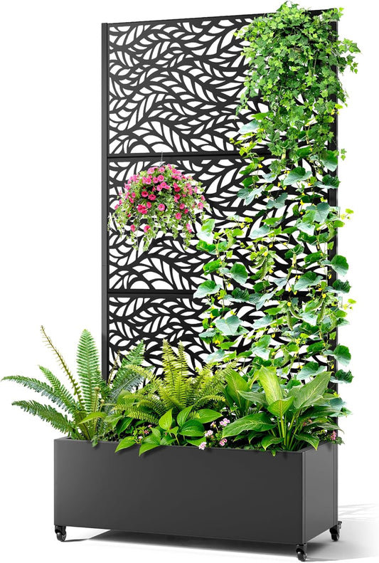 Metal Raised Garden Bed with Trellis, 2-in-1 Planter Box & Privacy Screen for Climbing Plants