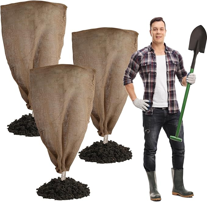 3 Pack 24'' x 40'' Reusable Warm Burlap Winter Plant Cover Bags with Drawstring Burlap Plant Covers