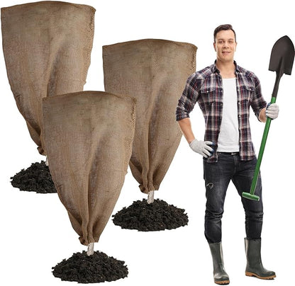 3 Pack 24'' x 40'' Reusable Warm Burlap Winter Plant Cover Bags with Drawstring Burlap Plant Covers