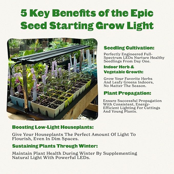Epic Gardening Seed Starting Grow Light - Full-Spectrum LED with Adjustable Height & Integrated
