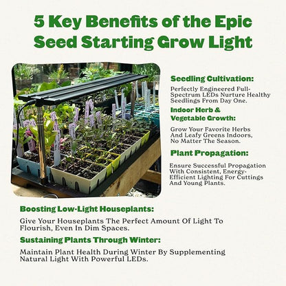Epic Gardening Seed Starting Grow Light - Full-Spectrum LED with Adjustable Height & Integrated