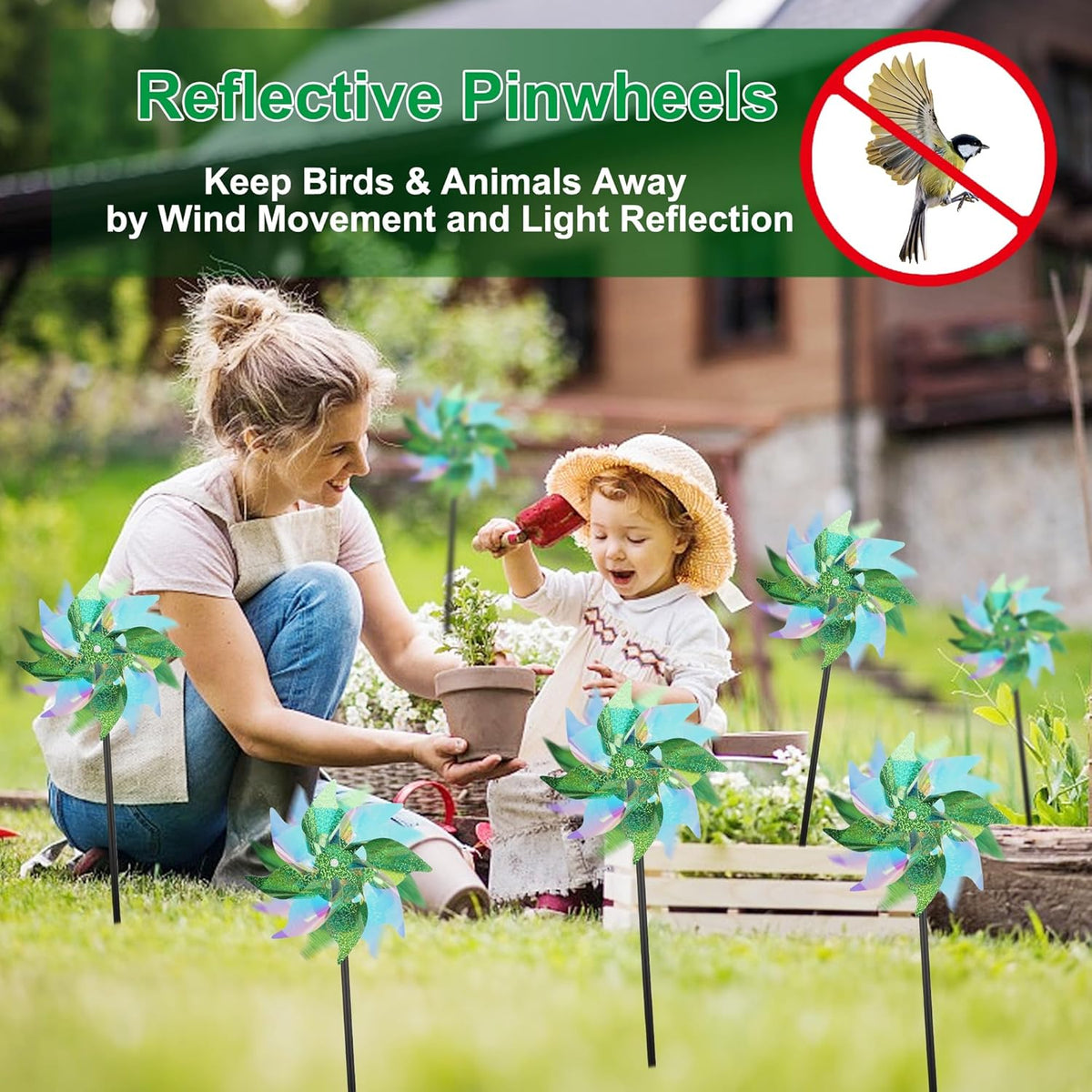 winemana 12 Pcs Reflective Pinwheels Outdoor, Wind Spinners for Yard & Garden, Sparkly Bird