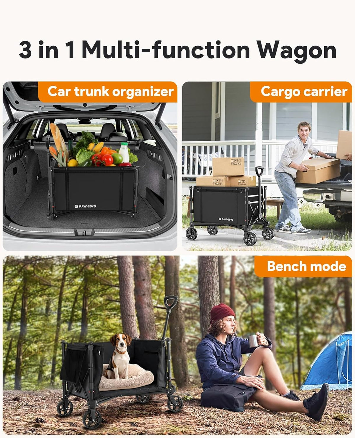 3 in 1 Collapsible Wagon Converts to Bench, 220lbs Foldable Wagon Cart with Wheels, 120L Shopping