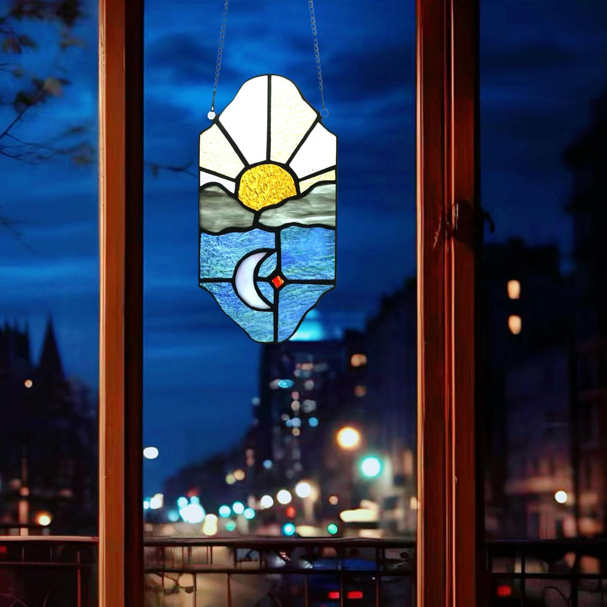 Sun and Moon Suncatchers Decor Stained Glass for Window Hangings,Handcrafted Tiffany Style Stained