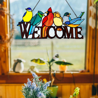 6 Birds Stained Glass Welcome Sign for Front Door Window Hanging Suncatcher, Handmade Tiffany Style