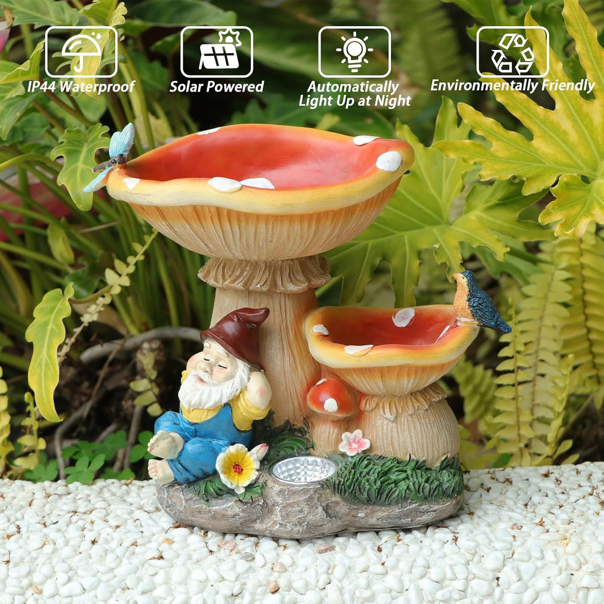 Garden Gnome Statue, Solar Powered Gnome Figurine with Mushroom Decor, Waterproof Resin Lawn
