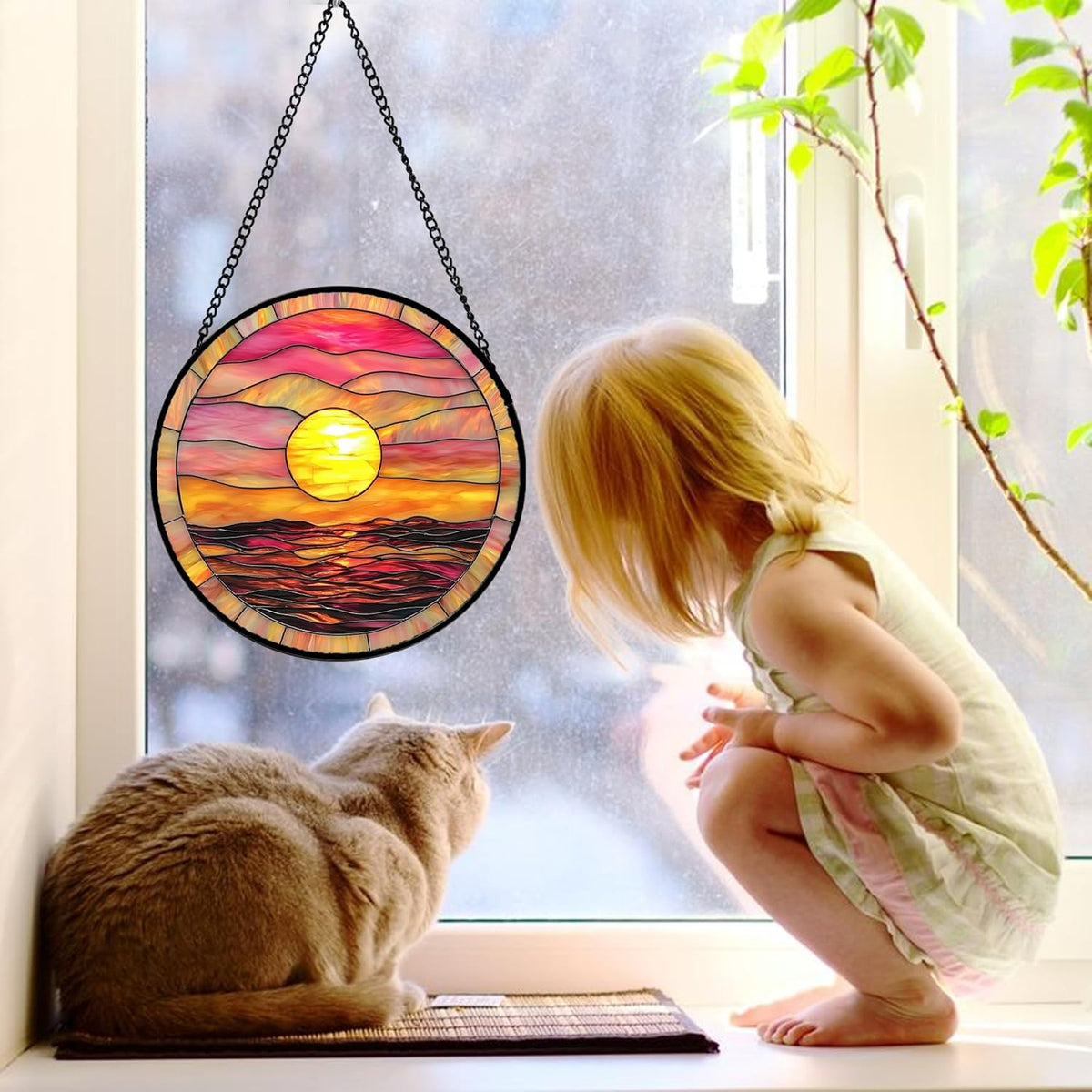 Stained Glass Window Hanging, Sunrise Sea Surface Sun Catchers Diamond Glass Panel Hangings