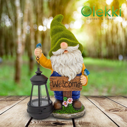Christmas Garden Gnomes Outdoor - Flocked Gnome Statue Holding Lantern with Solar LED Lights |
