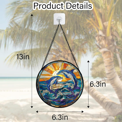 Stained Glass Window Hanging, Blue Dolphin Sun Catchers Colorful Glass Panel Sunrise Sea View