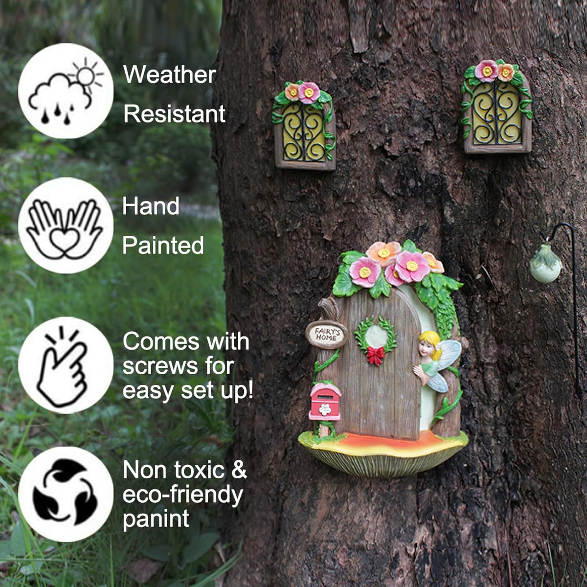 Fairy Door and Windows Garden Kit Accessories Outdoor, Glow in Dark Gnome House for Tree, Lawn Yard