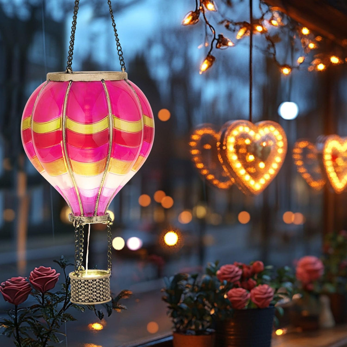 TERESA'S COLLECTIONS Hot Air Balloon Solar Lantern for Valentines Day Garden Decor,Hanging