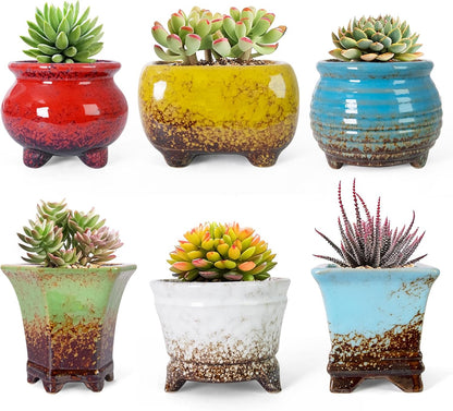 ARTKETTY Succulent Pots - Small Succulent Plant Pot with Drainage Pack of 6, Ceramic Cactus Planter