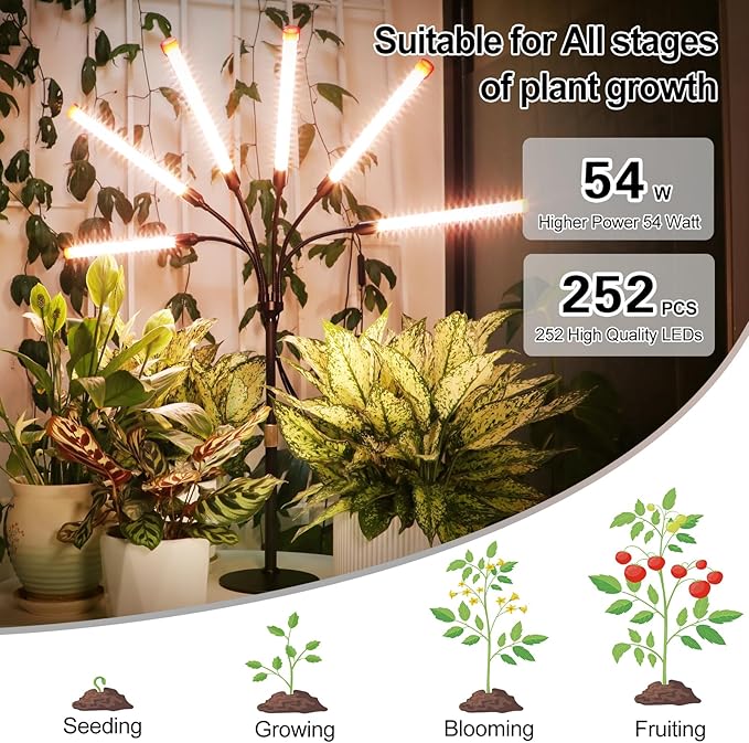6-Head Table Top Grow Lights for Indoor Plants, Seed Starting, Bonsai with Timer, 54W Power Home