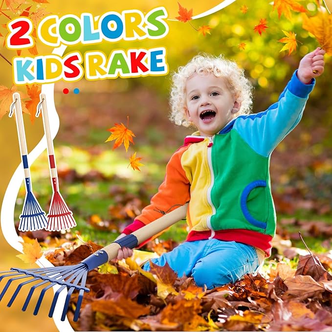 Suclain 2 Pcs Kids Rake with Hardwood Handle Small Child Size Multicolor 28'' Mini Rake for Leaves