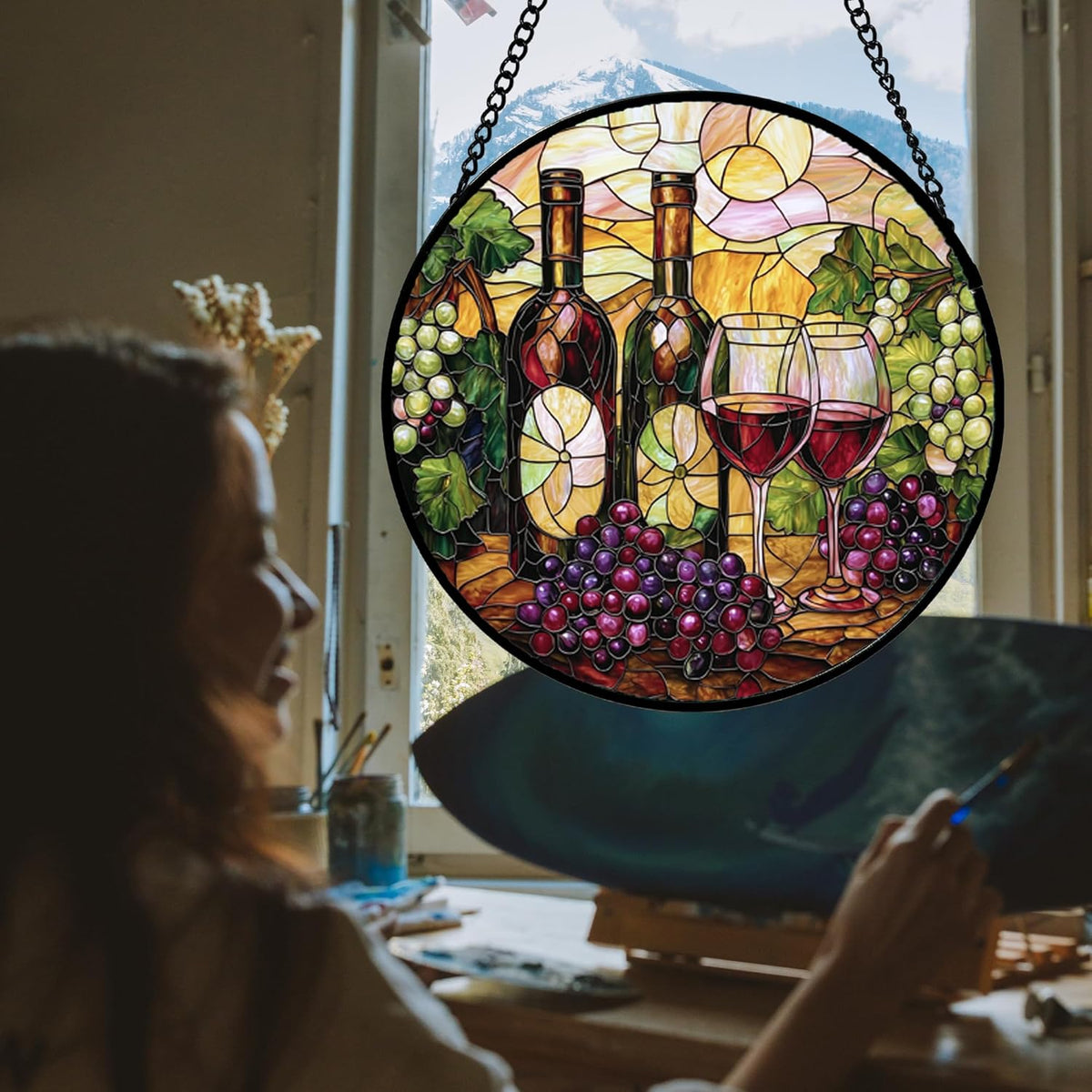 Stained Glass Window Hanging, Grapes and Wine Suncatcher Diamond Glass Panel Hangings Sun Catchers