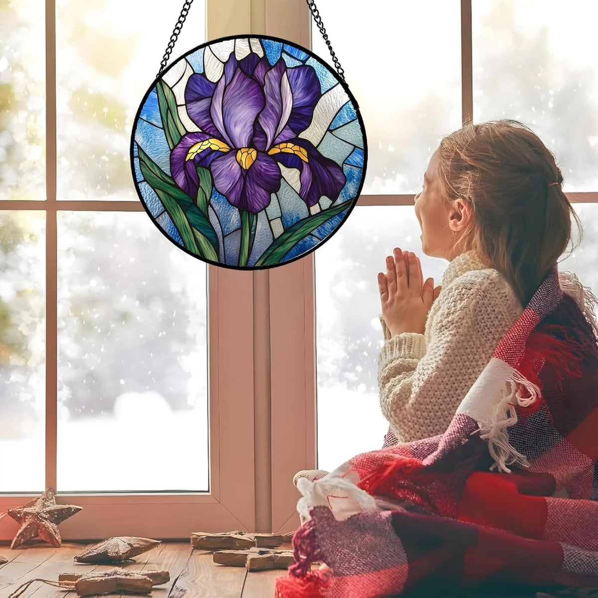 Stained Glass Window Hanging - Iris Birth Flower Suncatcher for Doors Garden Yard Purple Blue Sun