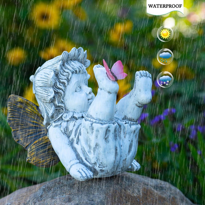 Garden Fairy Outdoor Solar Decor, Resin Ornaments for Patio Lawn Yard Porch, Playful Garden Flower