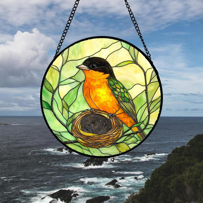Stained Glass Window Hanging 4 Pcs Set Bird Theme On Branch 7.8" - Cardinal Suncatcher Door Garden