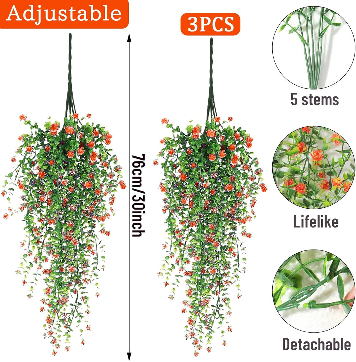 Artificial Hanging Flowers, 3 Pcs Fake Hanging Plants Artificial Vines for Outdoors, Fake Ivy Vine
