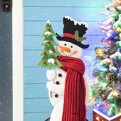 Glitzhome 32”H Metal Snowman Porch Décor Bike Wheel Cute Snowman with Red Scarf Hat Christmas Tree