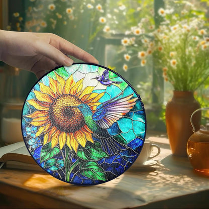 Hummingbird Stained Glass Suncatcher – Sunflower Window Decor, Memorial Hanging Ornament, Bird