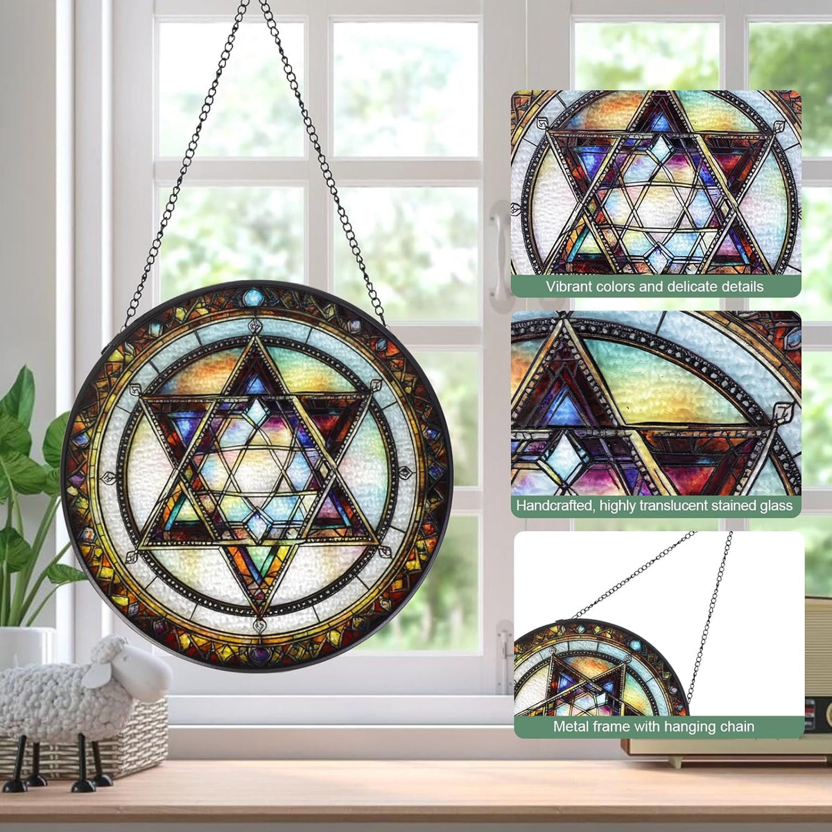 Star of David Handmade Stained Glass Window Hanging Suncatcher with Chain - 7.9" Outdoor/Indoor Art