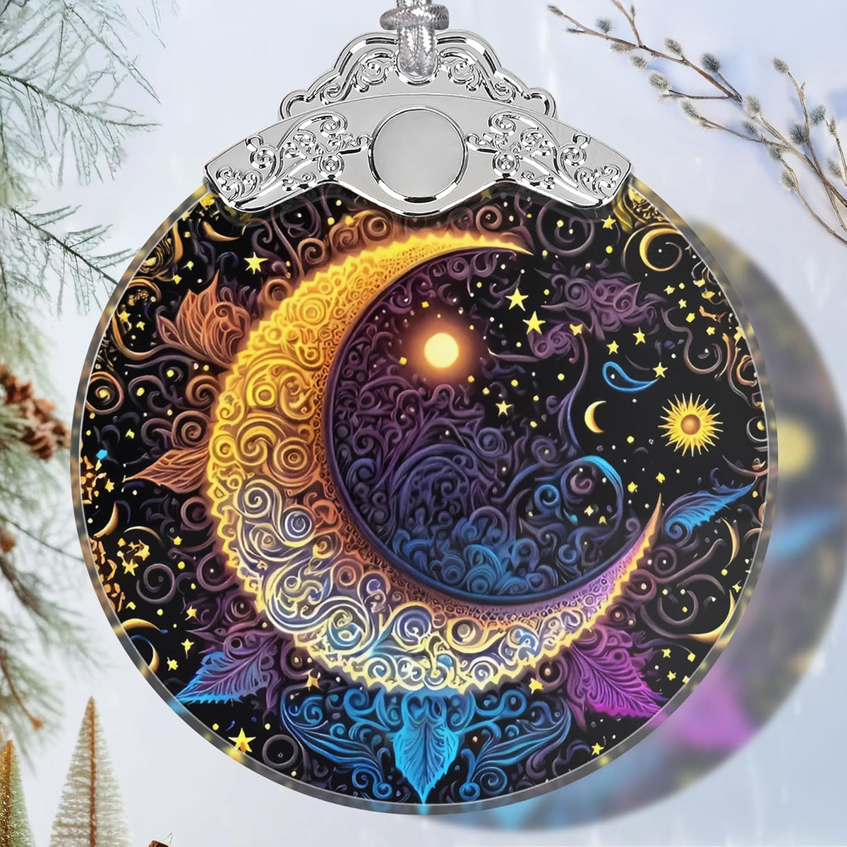 Stained Glass Ornaments - Sun and Moon Christmas Ornaments - Christmas Decorations for Tree