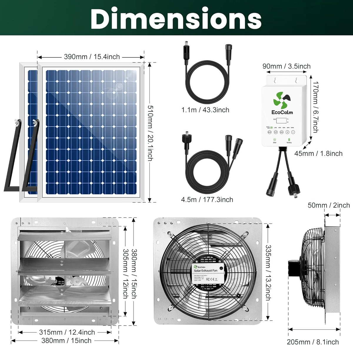 12" Solar Exhaust Fan for Greenhouse with Battery and Adjustable Thermostat, Attic Fans for Garage