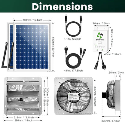 12" Solar Exhaust Fan for Greenhouse with Battery and Adjustable Thermostat, Attic Fans for Garage