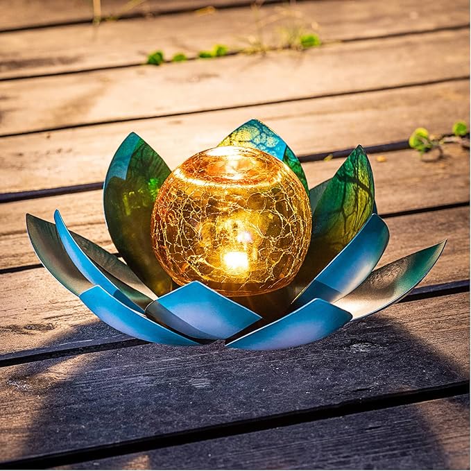 Huaxu Solar Light Outdoor Garden Decor Blue Metal Crackle Globe Glass Waterproof LED Lotus Flower