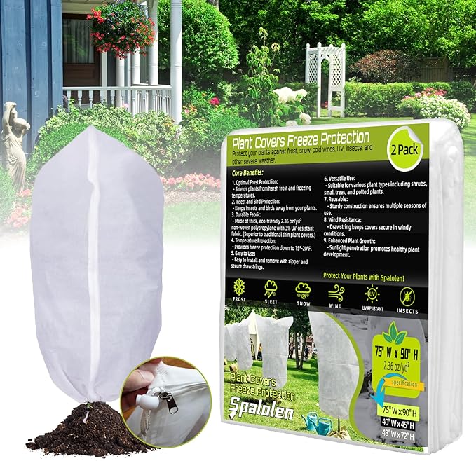 2 Pack Plant Covers Freeze Protection, 75"W x 90"H Winter Frost Blanket 2.36 oz/yd² Fabric Frost