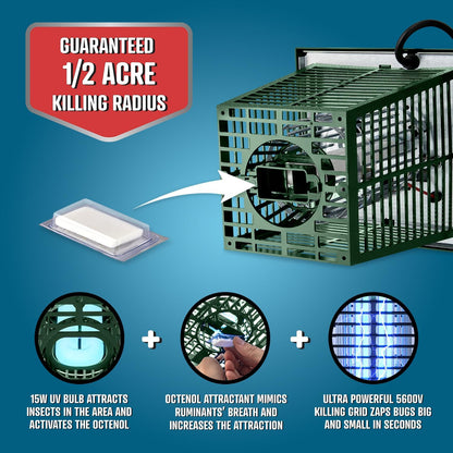 Flowtron Electric Bug Zapper 1/2 Acre Outdoor Insect Control with Dual Lure Method, 15W UV Light &