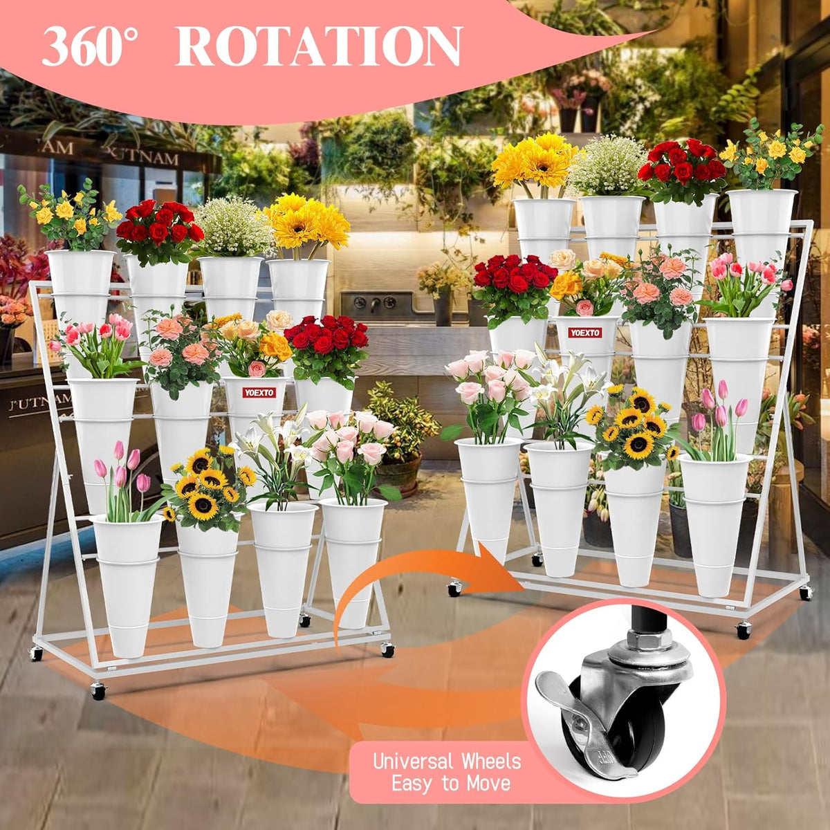 Flower Display Stand with Buckets, 3-Layers 12 PCS Buckets Plant Stand with Wheels, Movable Metal