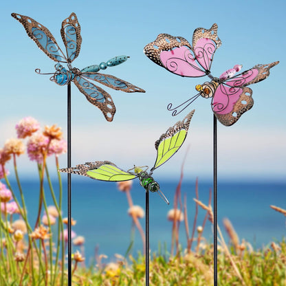 Juegoal 34 Inch Butterfly Garden Stakes Decor, Dragonfly Hummingbird Stakes, Glow in Dark Metal